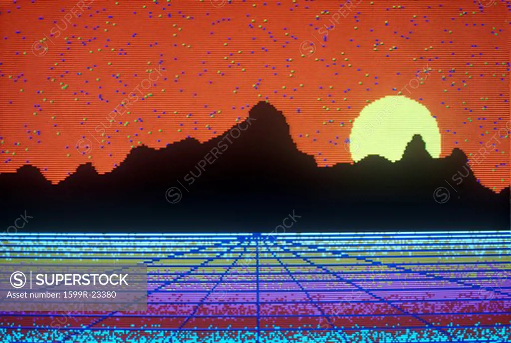 Early computer graphic of a mountain with sunset