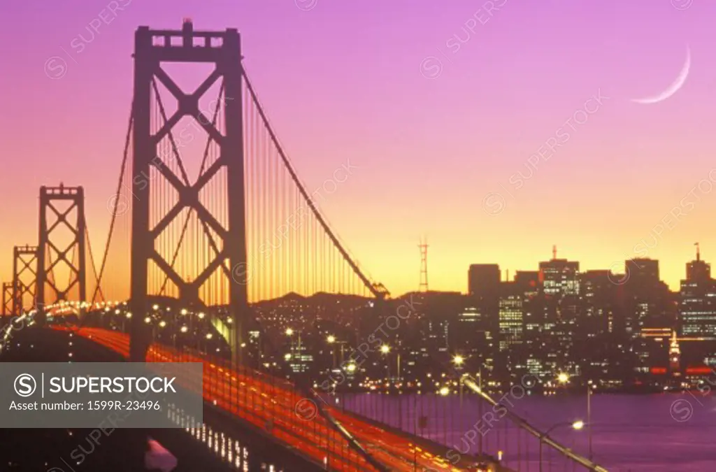 Sunset on the Bay Bridge to San Francisco from Treasure Island, California