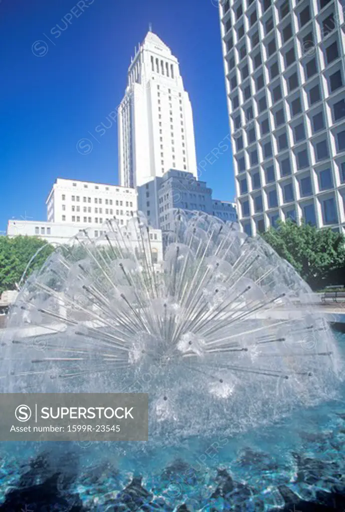 Water fountain in front of City Hall in the city of Los Angeles, California