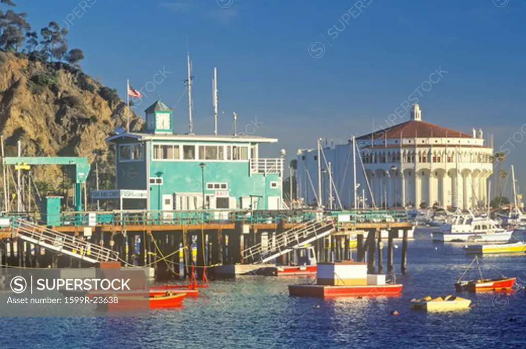 Casino building and Avalon Harbor, Avalon, Catalina Island, California