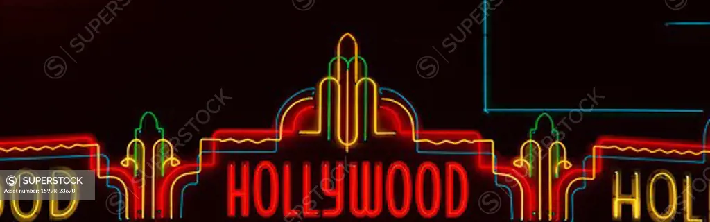Neon Hollywood sign in panoramic format in Hollywood, Los Angeles, California