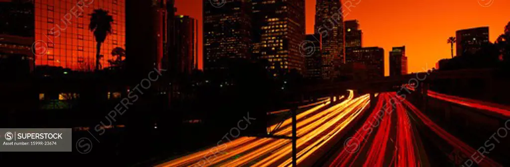 Downtown traffic at night, Los Angeles, California
