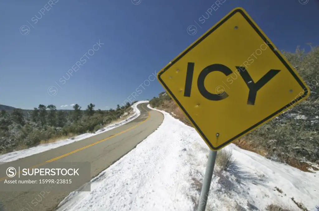 Icy Road sign after fresh snow near Pine Mountain Club, Kern County, Southern California