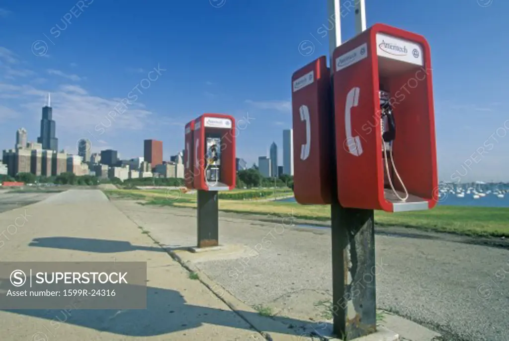 Pay Telephones and Chicago Skyline, Chicago, Illinois