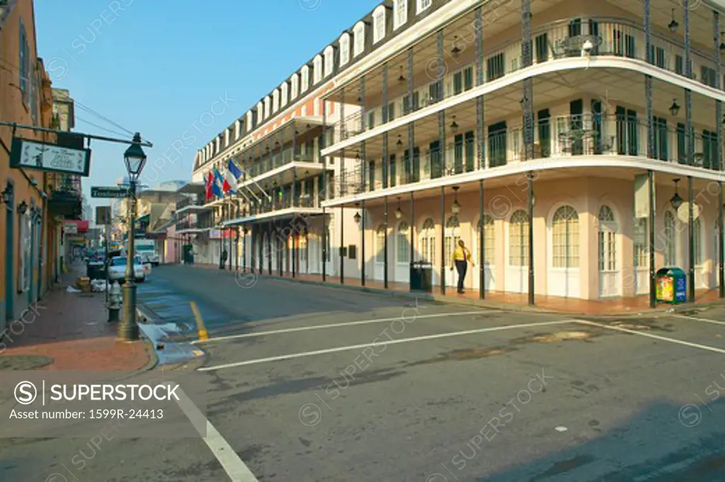 French Quarter of New Orleans, Louisiana, Bourbon Street with Black man walking in the morning