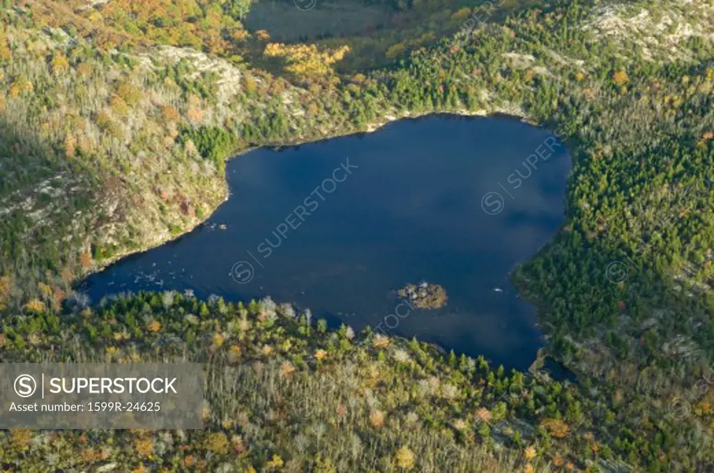 Aerial view of lake in autumn, Acadia National Park, Maine