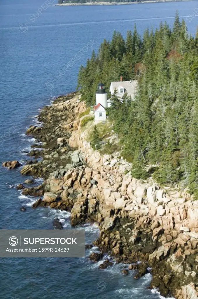 Aerial view of Bass Harbor Head Lighthouse, Acadia National Park, Maine, west side of Mount Desert Island