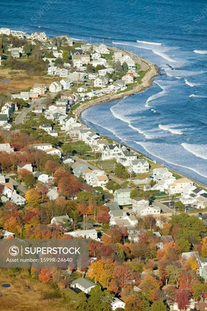 Aerial view of coastline of homes in Ogunquit, Maine
