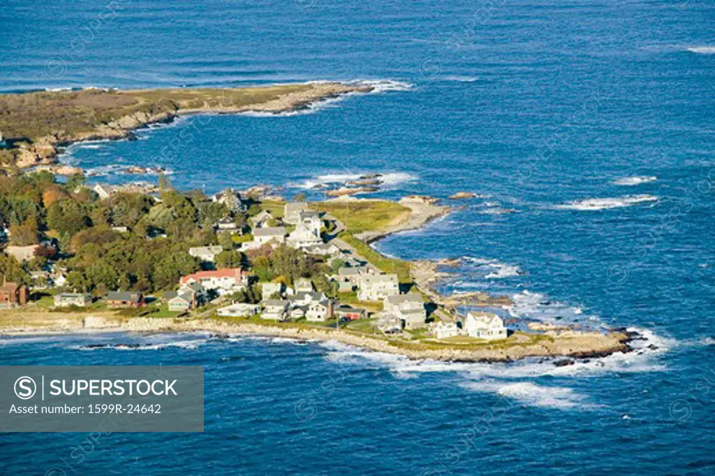 Aerial view of ocean-front homes on coast of Maine, near Walker-Point, summer home of President George H. W. Bush