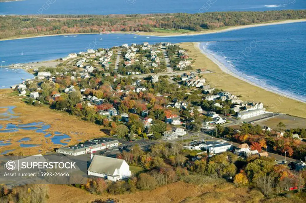 Aerial view of Pine Point Beach located in Scarborough, Maine, outside of Portland