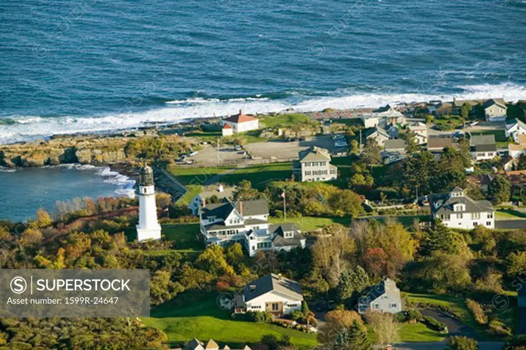 Aerial view of Two Lights Lighthouse on the oceanfront in Cape Elizabeth, Maine coastline south of Portland