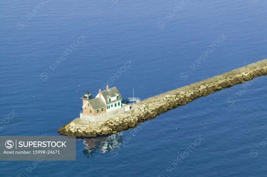 Aerial view of Rockland Lighthouse at end of jetty from the Samoset Resort, Maine
