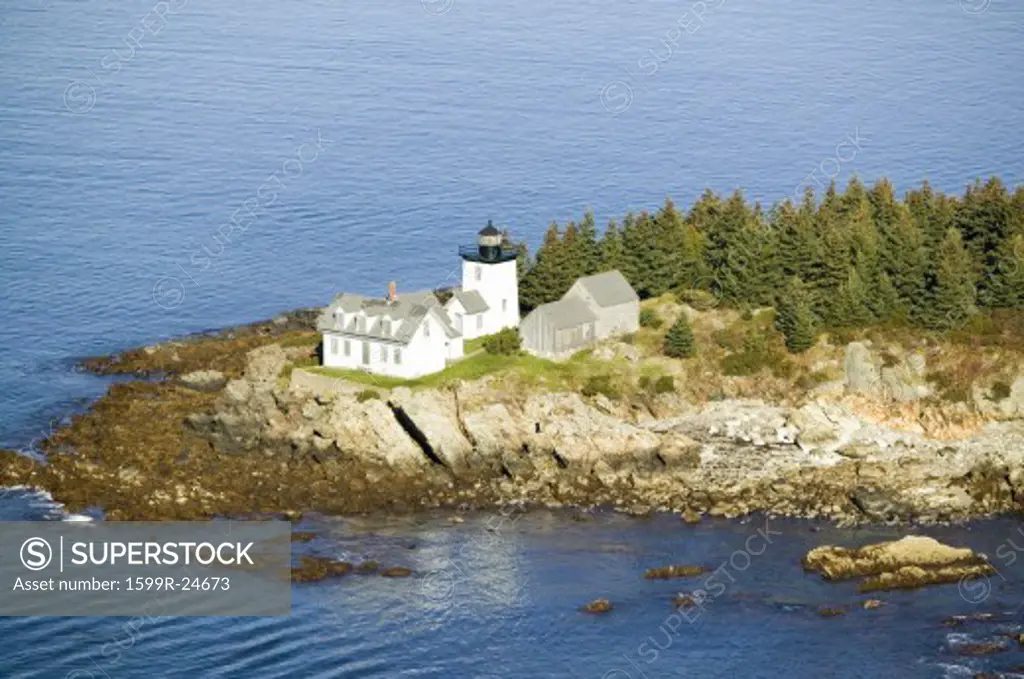 Aerial view of Indian Island Lighthouse in Rockport, Maine