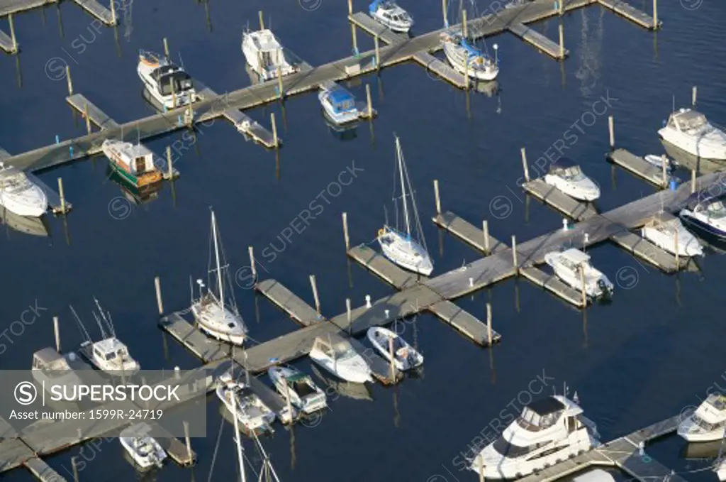 Aerial of boats in Portland Harbor in Portland Maine
