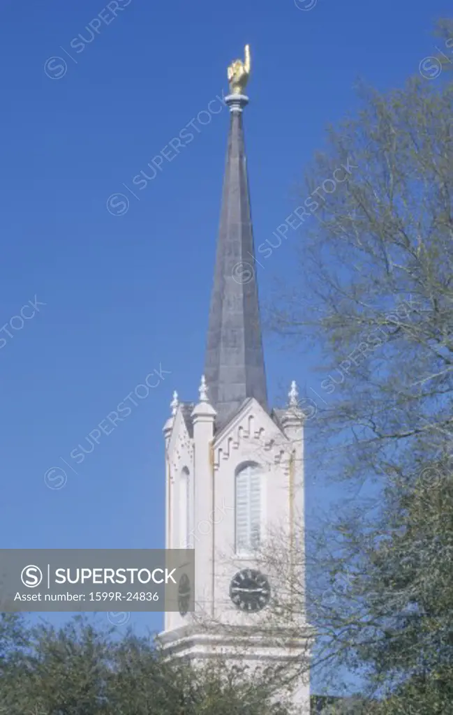 Church steeple from 1859 First Presbyterian Church showing finger pointing upward in Port Gibson MS