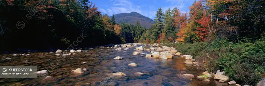 Panoramic view of an autumn waterway along the Kancamagus Highway in the White Mountain National Forest, New Hampshire