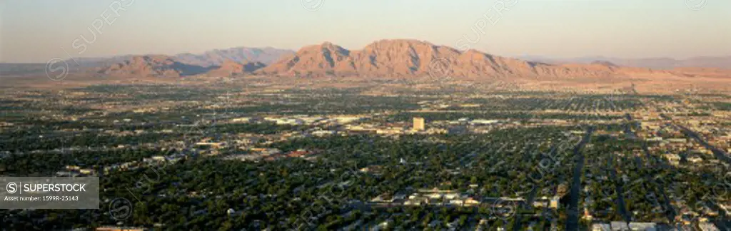 Panoramic view of Las Vegas Nevada Gambling City at sunset