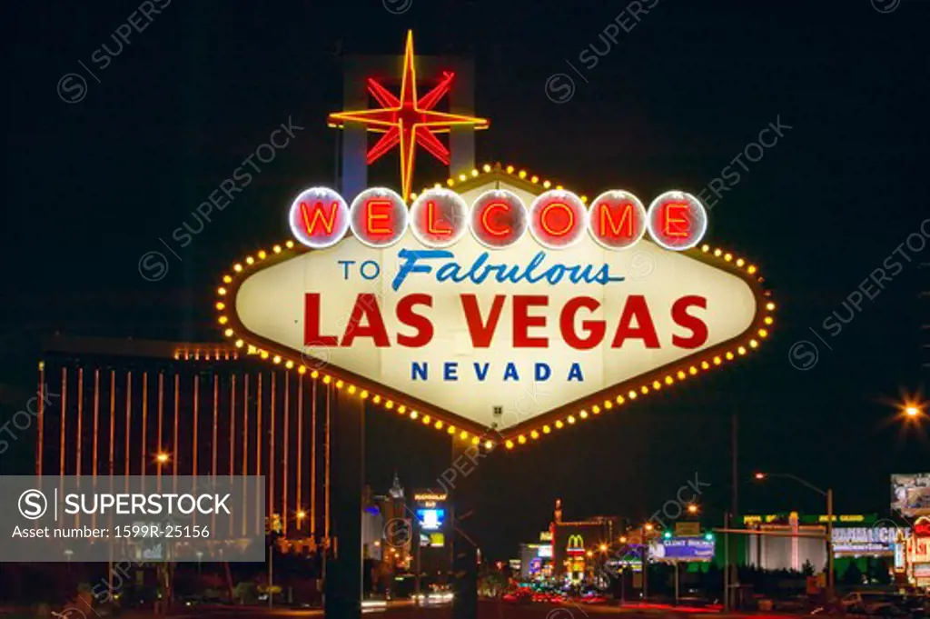 Colorful sign reads Welcome to Fabulous Las Vegas, Nevada at night