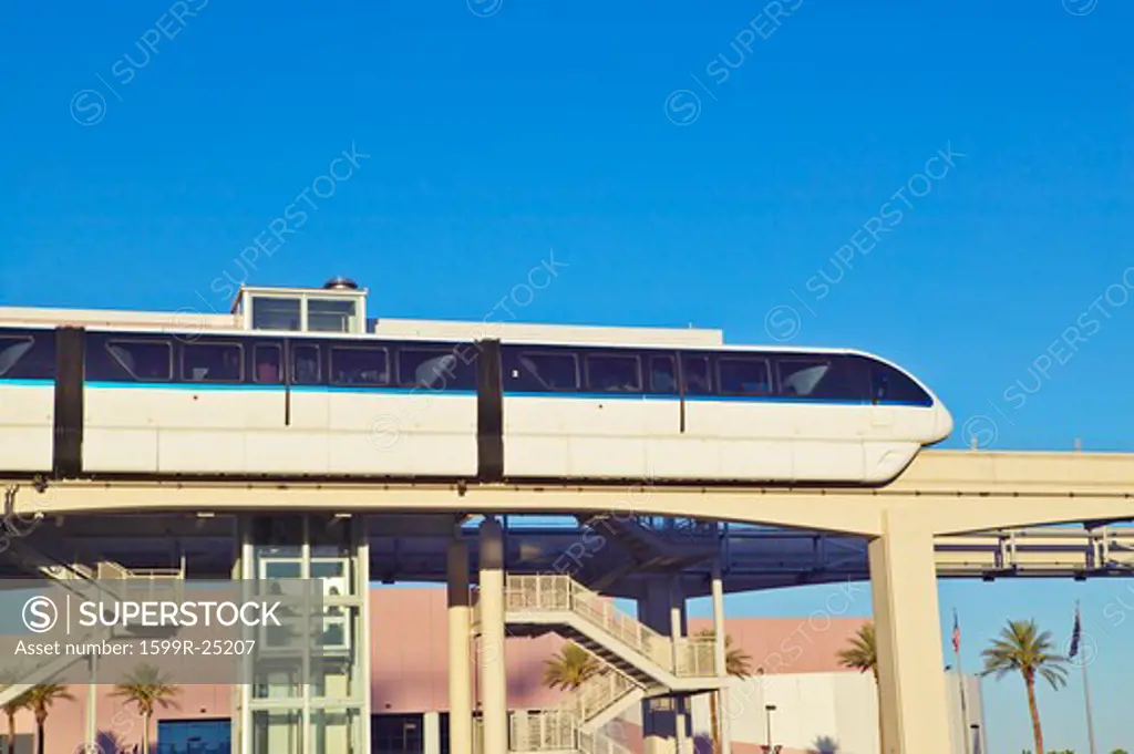 Monorail train with tourists in Las Vegas, NV