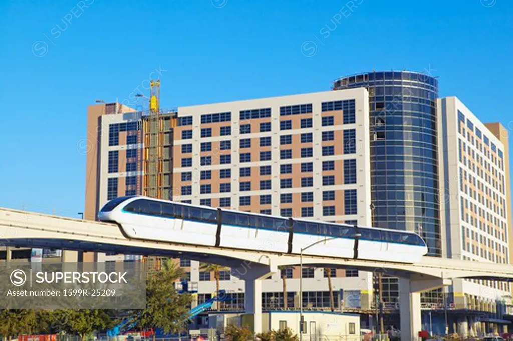 Monorail train with tourists in Las Vegas, NV
