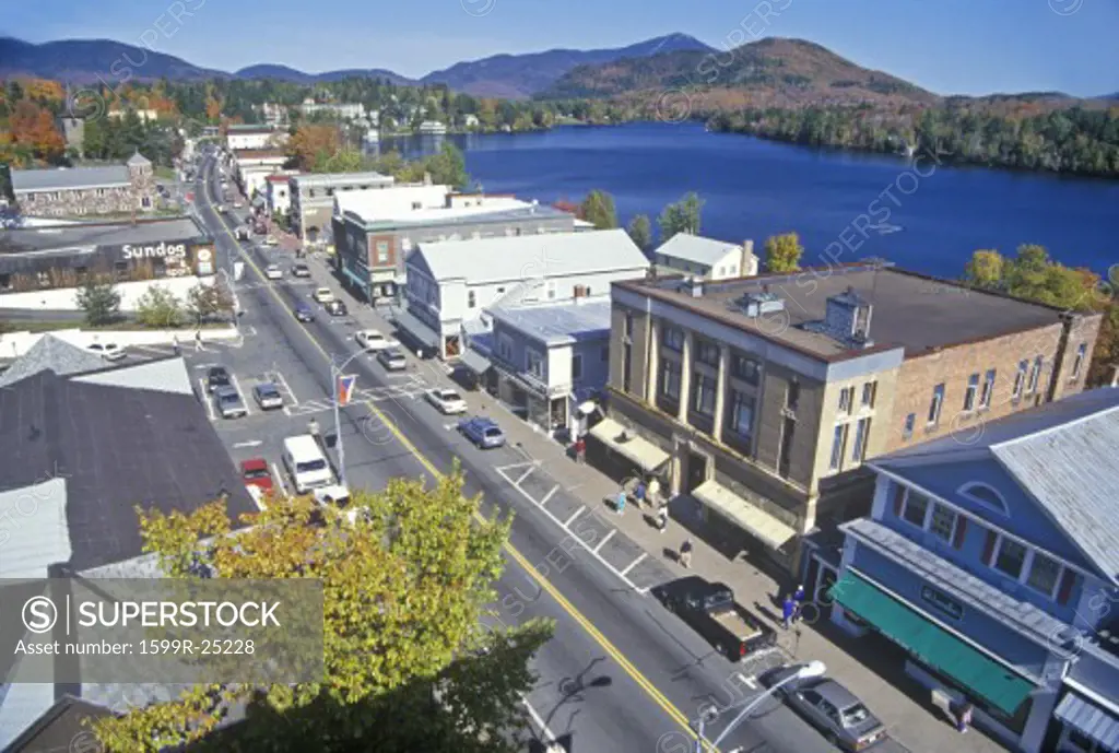 Aerial view of Lake Placid, NY downtown with Adirondack Mountains