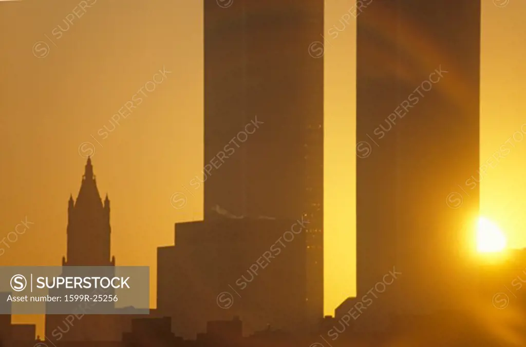 Sunset on World Trade towers, New York City, NY