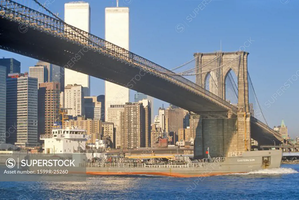 View of Brooklyn Bridge from East River, New York City, NY