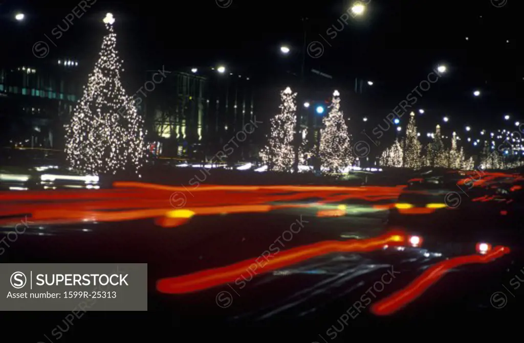 Holiday Decorations at night, New York City, NY