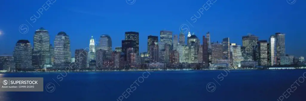 Panoramic view of Lower Manhattan and Hudson River at dusk, where World Trade Towers were located, NY