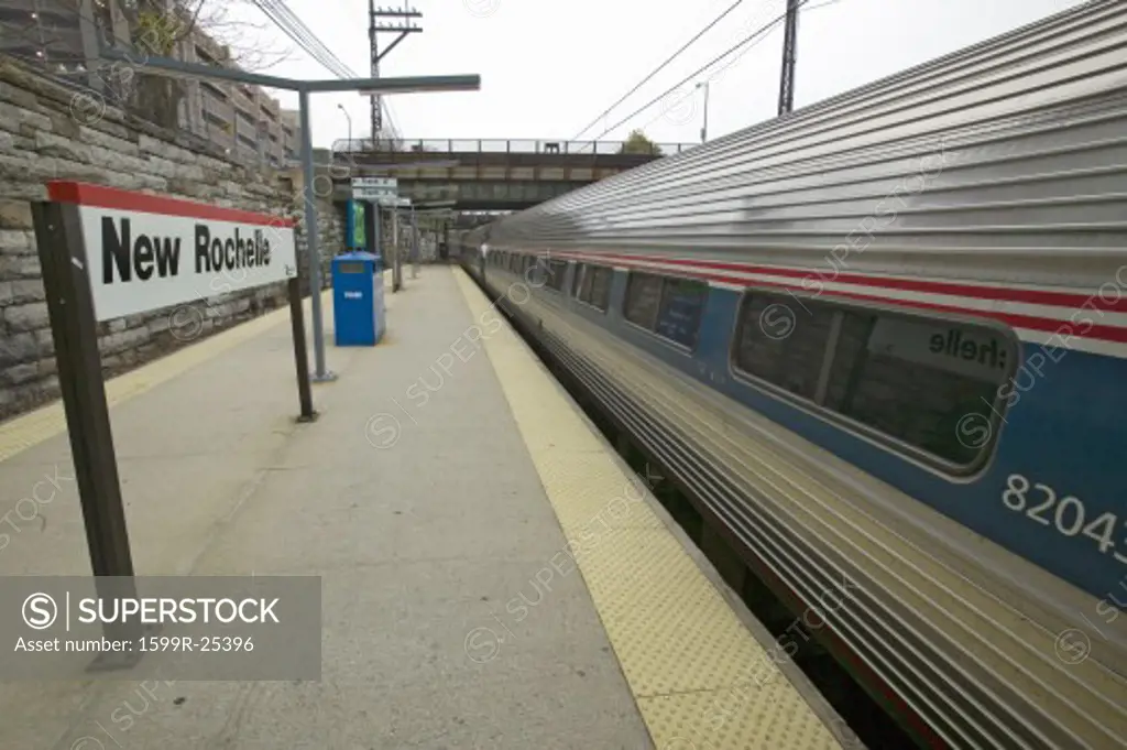 Amtrak train departs from New Rochelle, New York train station, New York