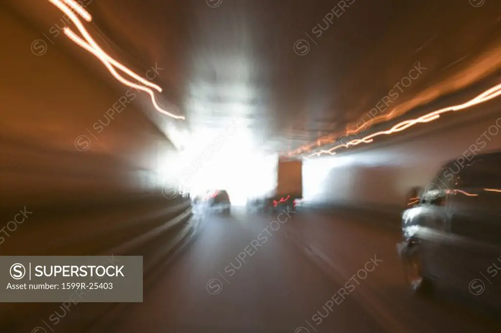 Streaked lights while driving through Lincoln Tunnel in New York City to New Jersey