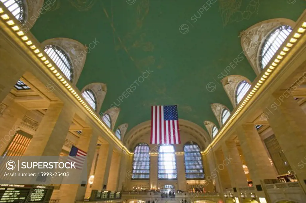 Grand Central Station panoramic view with American Flag at Amtrak Station in New York City, NY