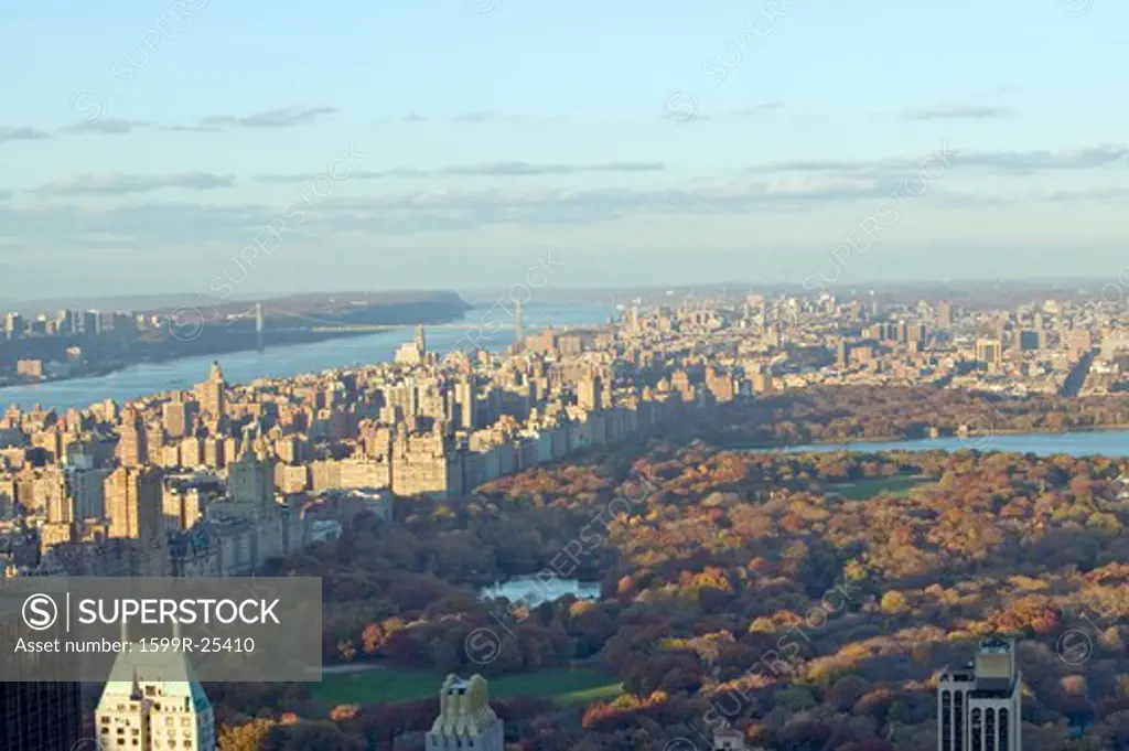 Panoramic views of New York City and Hudson River at sunset looking toward Central Park from Rockefeller Square Top of the Rock New York City, New York