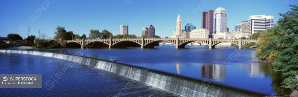 Scioto River with waterfall and Columbus Ohio skyline, with setting sunlight
