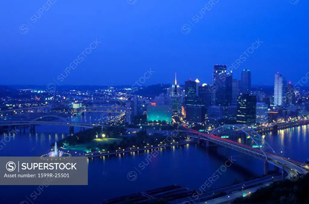 Intersection of Allegheny River, Monongahela River and Ohio River at dusk from Mount Washington, Pittsburgh, PA