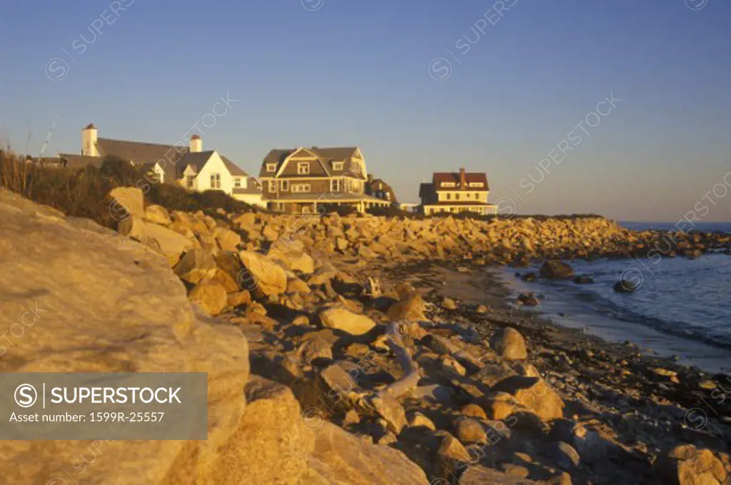 Ocean front home on Scenic route 1 at sunset, Misquamicut, RI