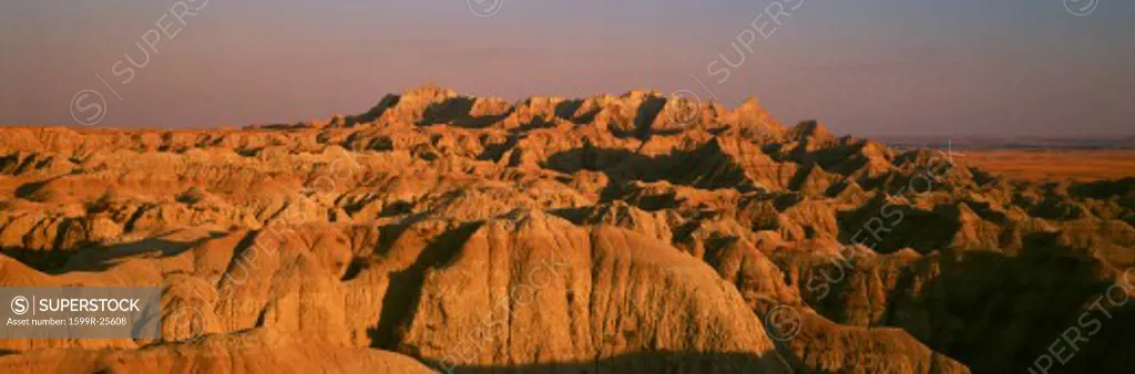 Sunset panoramic view of mountains in Badlands National Park in South Dakota