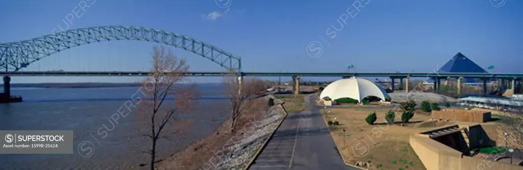 Panoramic view of Mississippi River with Bridge and The Pyramid Sports Arena in skyline, Memphis, TN
