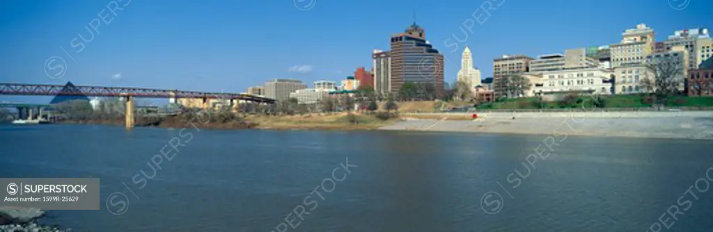 Panoramic view of Mississippi River with Bridge and Pyramid Sports Arena, Memphis, TN