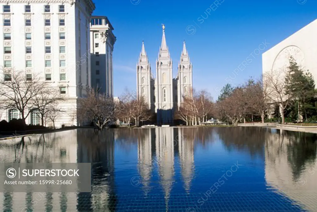 Downtown Salt Lake city with Temple Square, home of Mormon Tabernacle Choir during 2002 Winter Olympics, UT