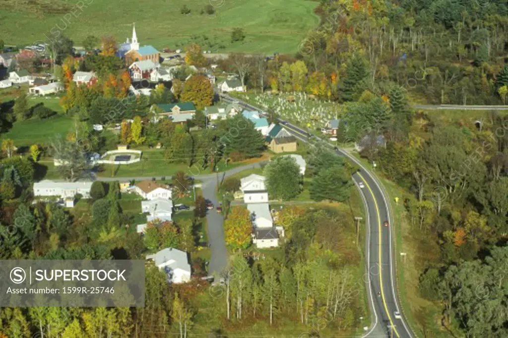 Aerial view of Hyde Park, VT on Scenic Route 100 in Autumn