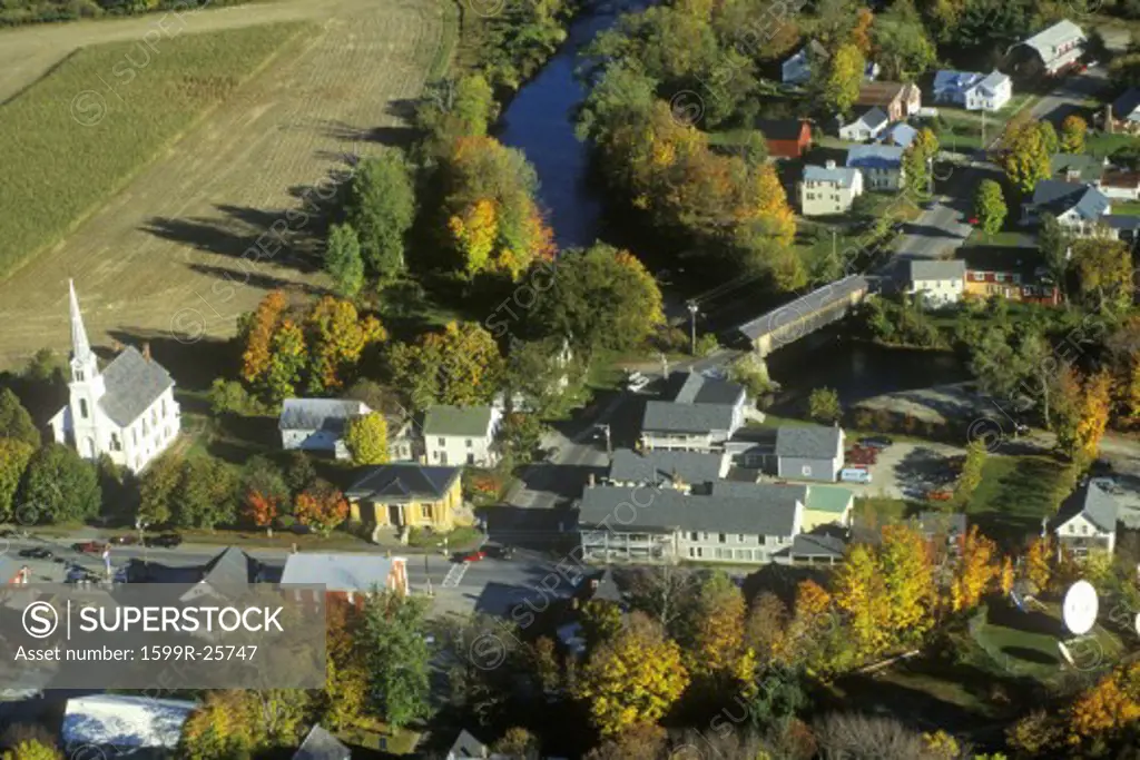 Aerial view of Waitsfield VT and the Mad River on Scenic Route 100 in Autumn