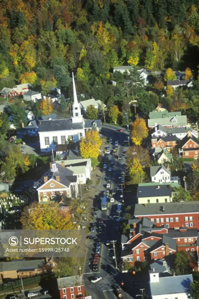 Aerial view of Stowe, VT in Autumn on Scenic Route 100