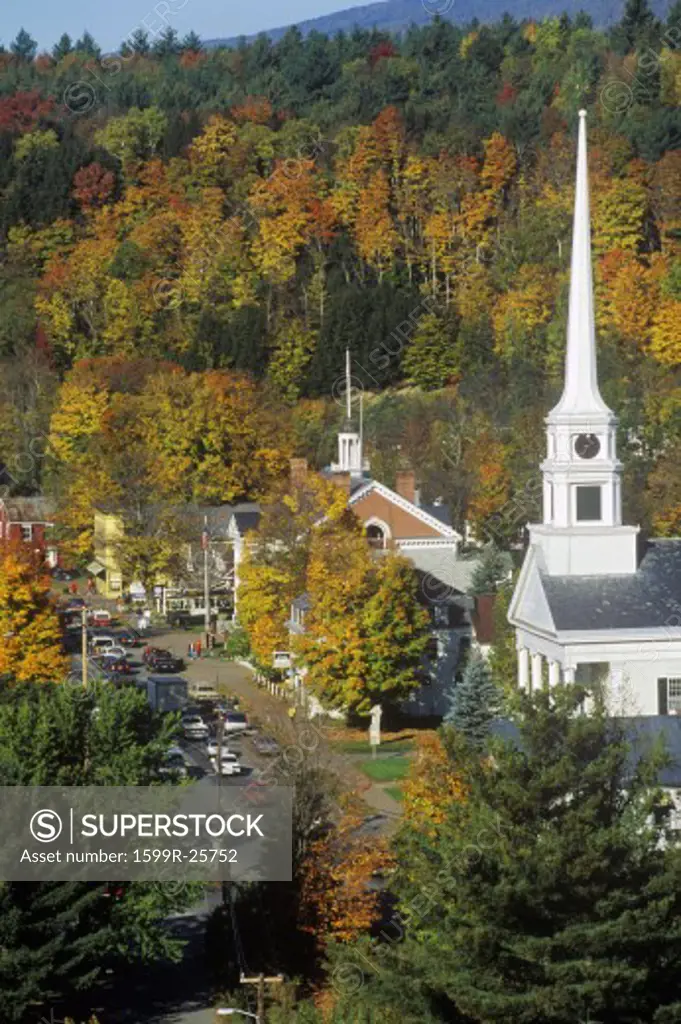View of Stowe, VT in Autumn on Scenic Route 100 with church spire