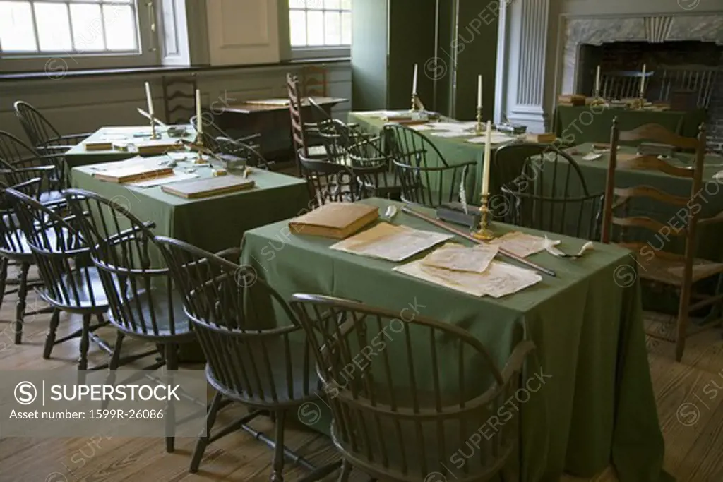 Restored Assembly Room, Independence Hall, Philadelphia, Pennsylvania, one of the meeting places of the Second Continental Congress, where the Declaration of Independence and the Constitution were also debated, adopted, and signed. Future Presidents Washington, John Adams, Jefferson, Madison, and Monroe helped found the Nation in this room.