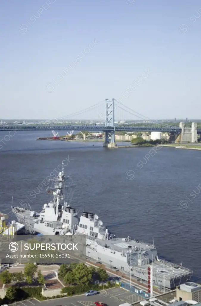 Aerial view of Delaware River, Benjamin Franklin Bridge and waterfront of Philadelphia, Pennsylvania shot from Pens Landing