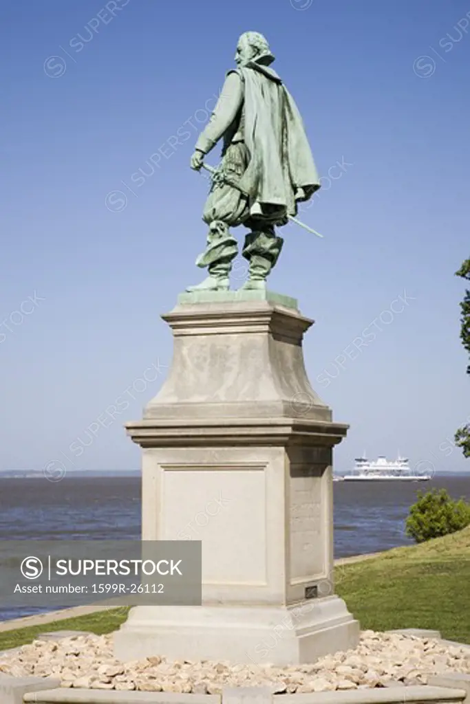 Statue by William Couper in 1909 of Captain John Smith located at James Fort, Jamestown Island, America's Birthplace, Jamestown, looking over James River, to memorialize the site of the first permanent English colony in America, May 13, 1607. Photo taken on the 400th anniversary.