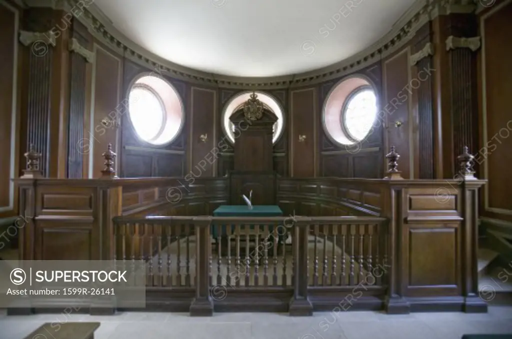 Early court room in Capitol Building of Colonial Williamsburg, Virginia.
