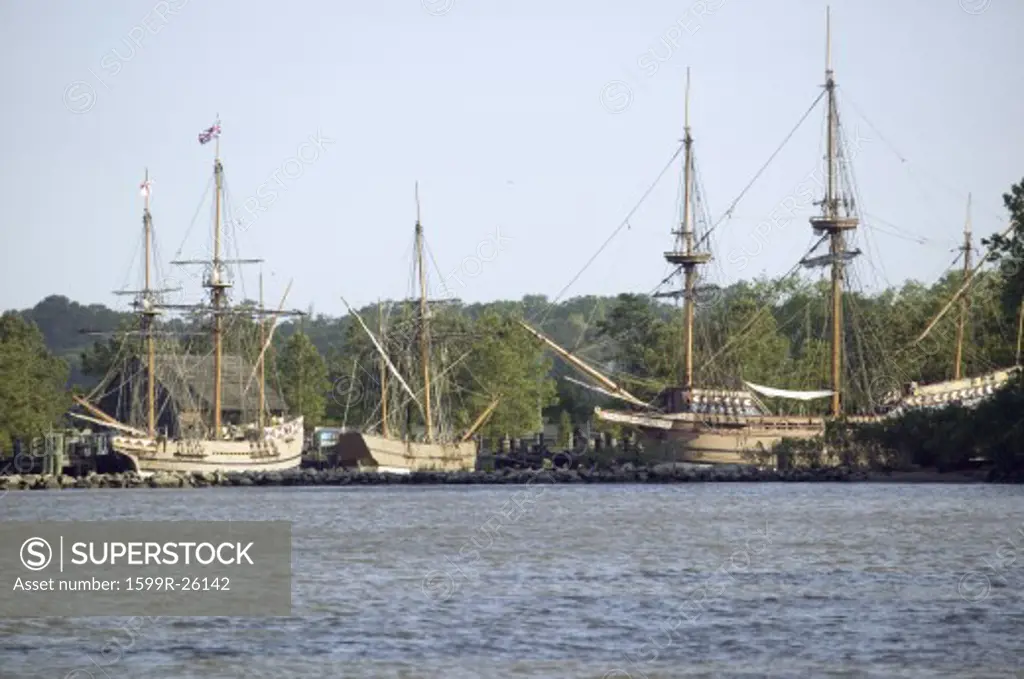 Replicas of The Susan Constant, Godspeed and Discovery ships that brought English colonists to Jamestown, Virginia in 1607