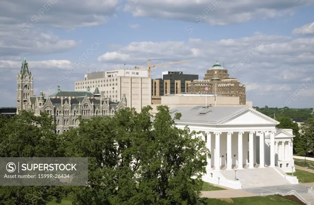 Aerial view of the 2007 restored Virginia State Capitol, designed by Thomas Jefferson who was inspired by Greek and Roman Architecture, Richmond, Virginia